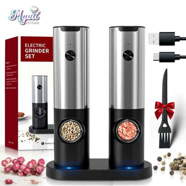 Electric Salt And Pepper Grinder Set Base Charging Stainless Steel USB Rechargeable Automatic Pepper Mill Salt Adjustable Spice 240830