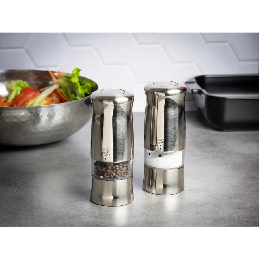 Peugeot Zeli 2 Piece Electric Stainless Steel Salt and Pepper Grinder, 14cm, Silver