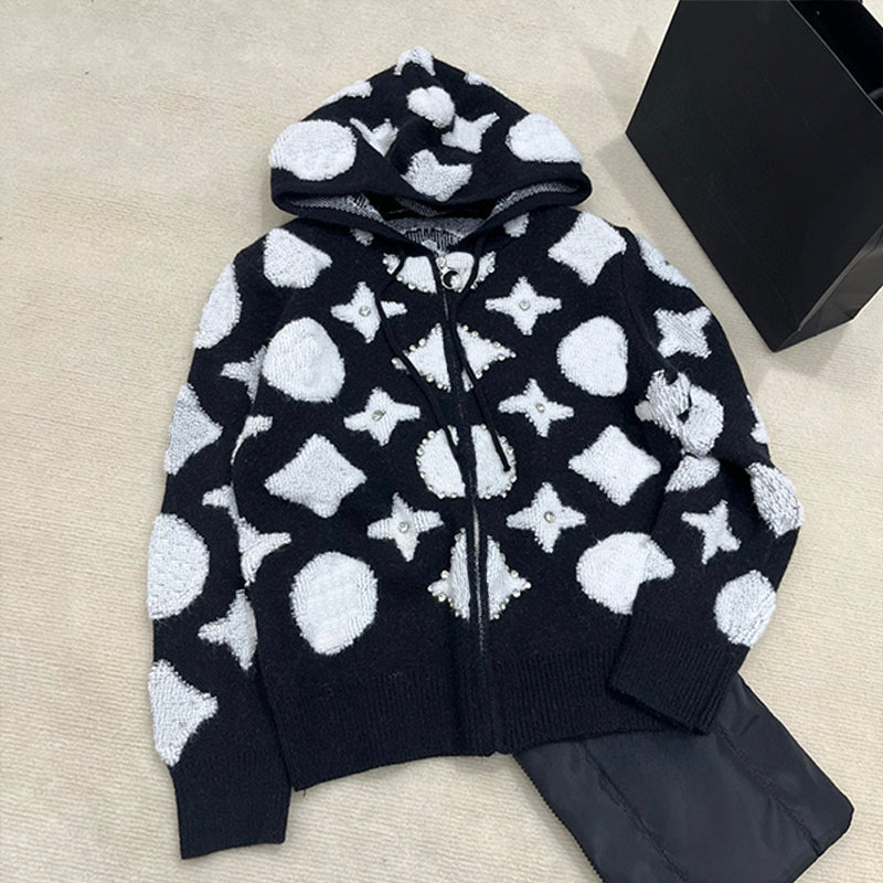 Designer women&#039;s winter warm sweater jacket embossed pearl knit elegant sweater hooded sweater women&#039;s outerwear