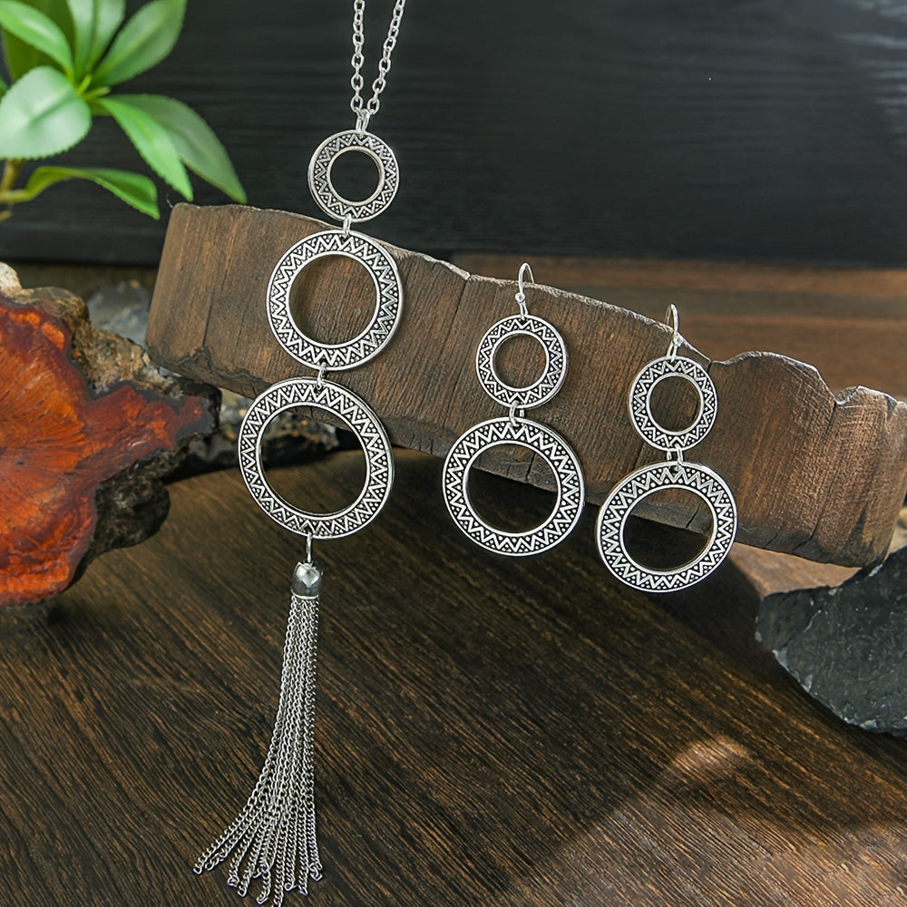 TEMU 3pcs Vintage Ethnic Style Silvery Size Round Ring Triple Pendant Chain Streamer Long Necklace, Dual Pendant Earrings, Bohemian Women's Jewelry