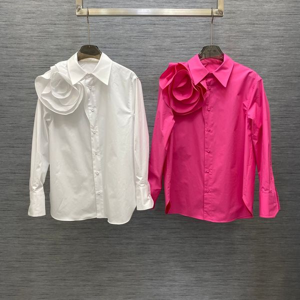 2024 Spring Handmade Roses Women&#039;s Blouses Designer White-Pink Cotton Long Sleeves Shirts Womens 12152