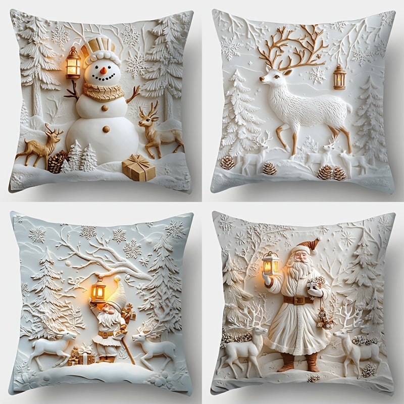 TEMU 4pcs, 2d Flat Printing, Christmas Theme, New , Christmas Branch And Snowflake Pattern, Christmas Bird, Snowman, Pillowcase With Candlestick