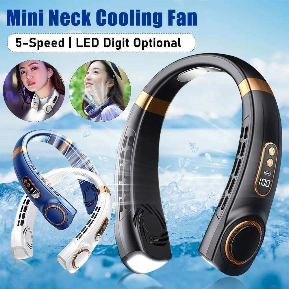 Mini Cooling Fan LED Digital Display USB Rechargeable Mute Small Cooler 5-Speed Bladeless Hanging Neck Fans Air Conditioner