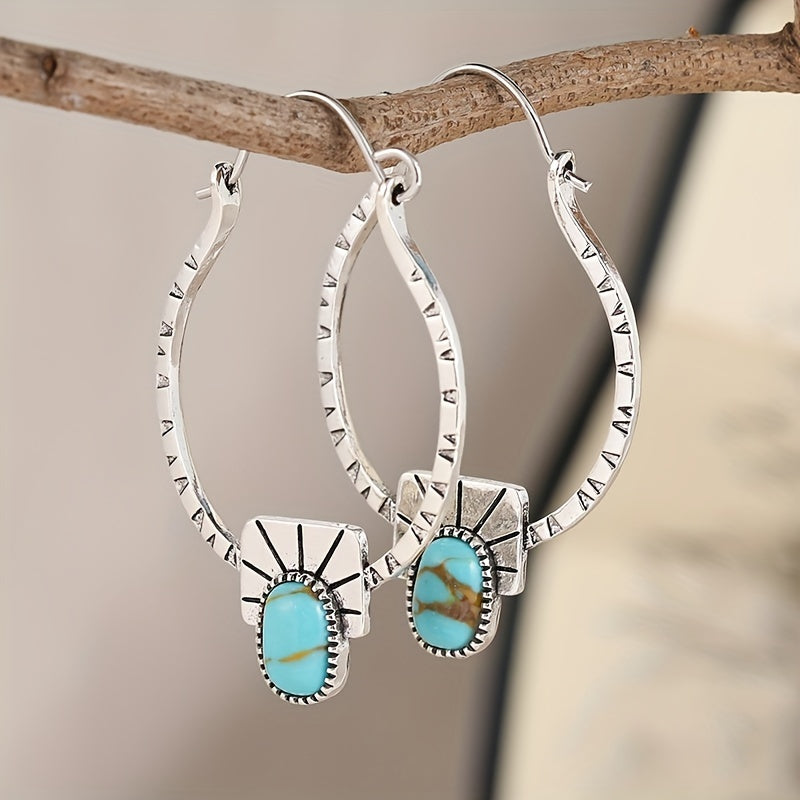 TEMU Boho-chic Turquoise Hoop Earrings - Y Plated, Alloy With Copper Posts For Casual Attire & Gifting, Hoops, Earringshigh-quality Jewelry For