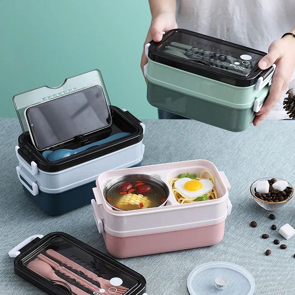 Portable Largecapacity Doublelayer Lunch Box with Tableware Plastic Compartment Food Microwave 250206