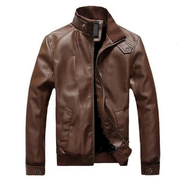 Men Faux Leather Jacket Motorcycle Slim Fit Stand Collar PU Jaqueta De Couro Masculina Outwear Male Coat 240105
