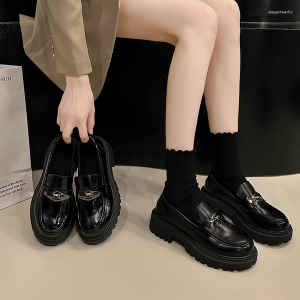 Dress Shoes For Women 2024 Slip On Women&#039;s Pumps Autumn Round Toe Solid Mary Jane Metal Decoration Mid Heel Water Proof Loafers