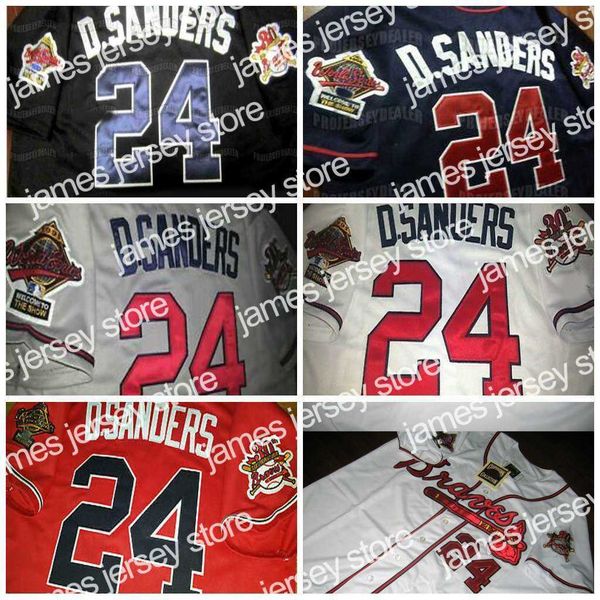 Baseball Jerseys 1995 Wrold Series 24 DEION SANDERS Baseball Jersey Black Red White Grey Custom DUAL PATCH Altanta