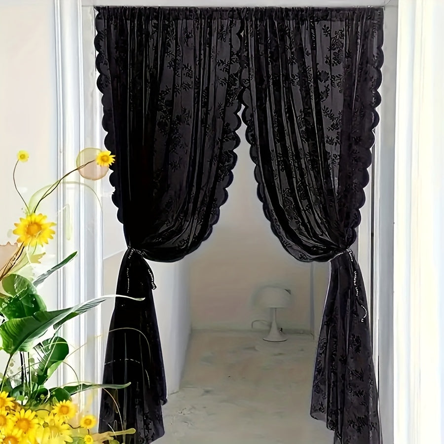 TEMU Elegant Black Lace Door Curtain With Wave Embroidery - Semi-transparent Floral Pattern, Rod , Machine Washable Polyester For All , Christmas,
