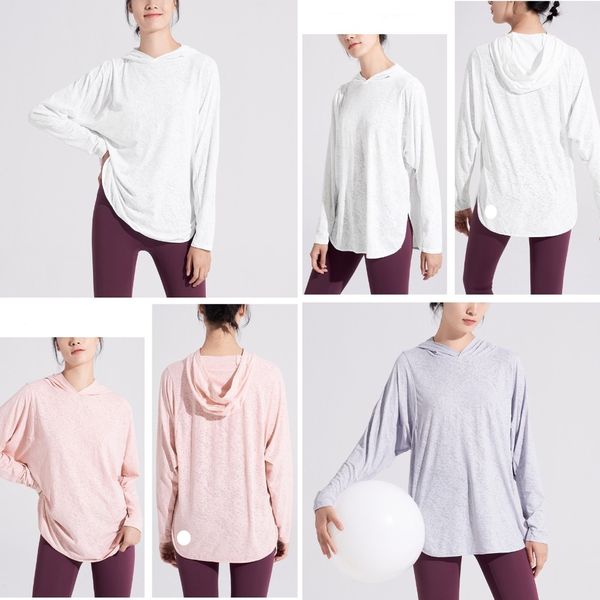 2025-Women-874 Camisa de esportes de ioga com capuz solto que executa esportes de fitness de mangas compridas roupas de ioga de secagem rápi