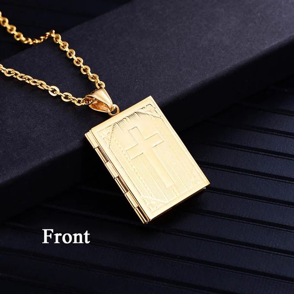 Religious Cross Locket Necklace Pendant 14K Gold Photo Frame Memory Necklace For Women-Men Christmas Gift Hot Sale