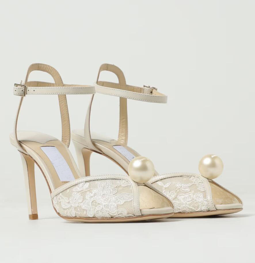 Elegant Wedding Dress Bridal Sandals Shoes With Pearl V-cut Sacora Peep Toe High Heels White Lace & Leather Lady Gladiator Sandalias EU35-43