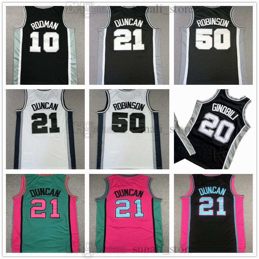 Retro Mesh Tim 21 Duncan Jerseys Basketball Manu 20 Ginobili Dennis 10 Rodman David 50 Robinson Team Black White Vintage Sports Shirts Stitched Embr