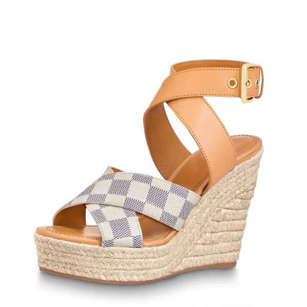 High-heeled Sandals Twine Braided Summer Beach Fashion Casual Sandals Leather Wedges Belt Buckle Women Shoes Lady Metal Cowhide Letter Fishe