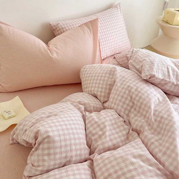 Simple pink striped bedding washed cotton bedding flat bed sheets pillowcases full size bedding linen adult and childrens bedding no padding