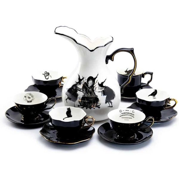 Witch Brewing Jar+6 Related Halloween Tea Cups and Sauce Set Hand Painted Gold Decoration W241210