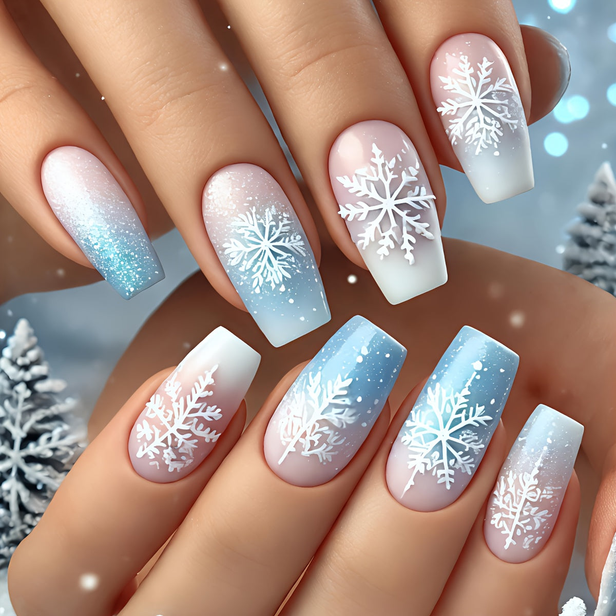 TEMU 24pcs Winter Snowflake Press On Nails - Glossy Pastel White Gradient With Square Medium Length Tips, Self-adhesive Removable Gel Nail Extensions