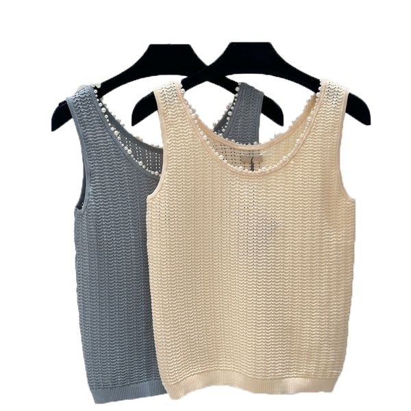 Classic Hollow Knit Vest Pearl Trim Knitted Vest Summer Casual Breathable Knitted Tanks Tees Women Knits Tee Designer Tank Top