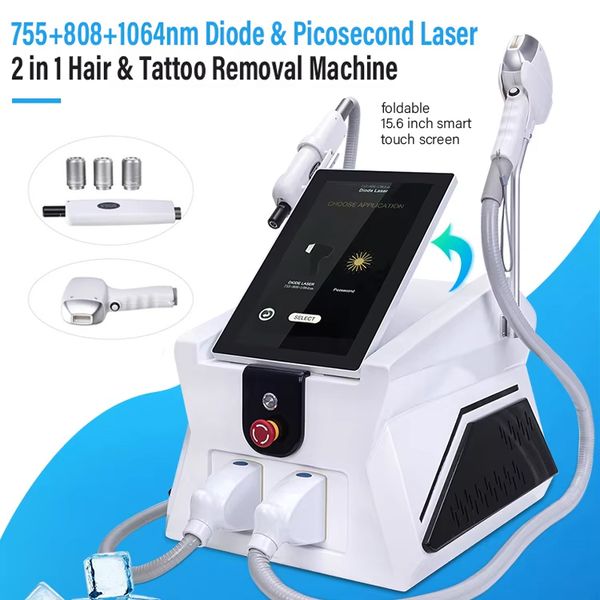 2 in 1 High End Hair Removal Machine Non-invasive Ice Point Diode Laser Painless Depilation Nd Yag Picosecond Tattoo Removal Eyebrow Cleanin