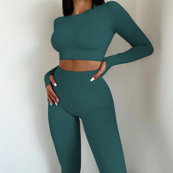 INS sportswear elastic and breathable solid color tight fitting fitness suit, seamless yoga suit set, long sleeved women&#039;s