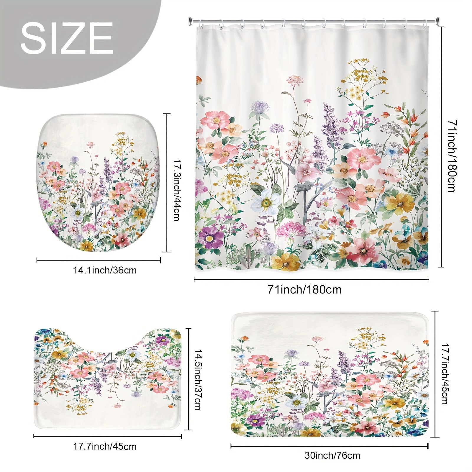 TEMU 1-4 Pcs - Shower Curtain Set, Watercolor Lavender Lilac Leaf Plant Decor Waterproof Shower Curtain With 12 Hooks, Non-slip Bathroom Floor Mat,