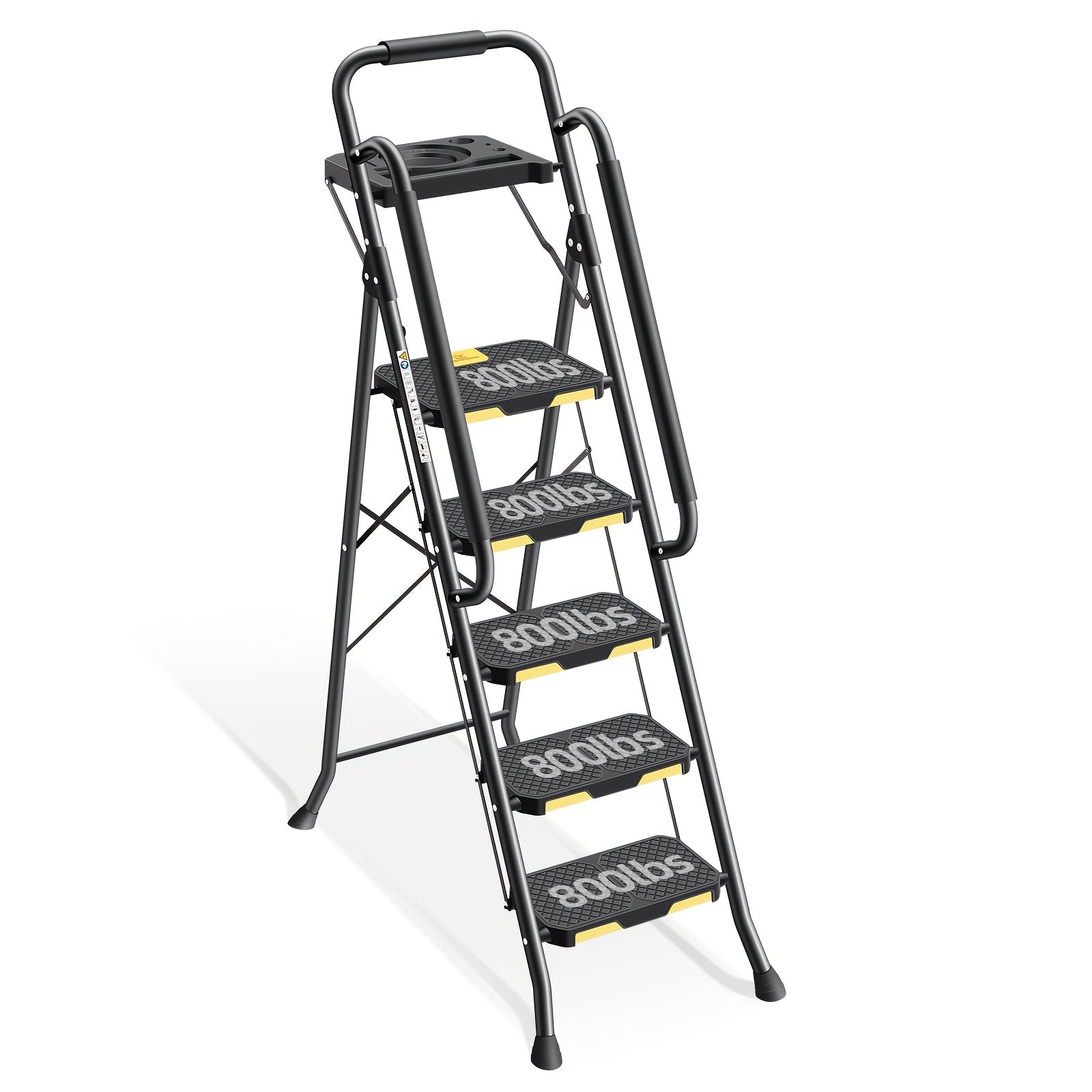 TEMU Kingrack Heavy-duty 5-step Folding Ladder With Handrails & Tool Platform, 800 Lbs Capacity, Black Steel Construction For Home, Outdoor & Garage
