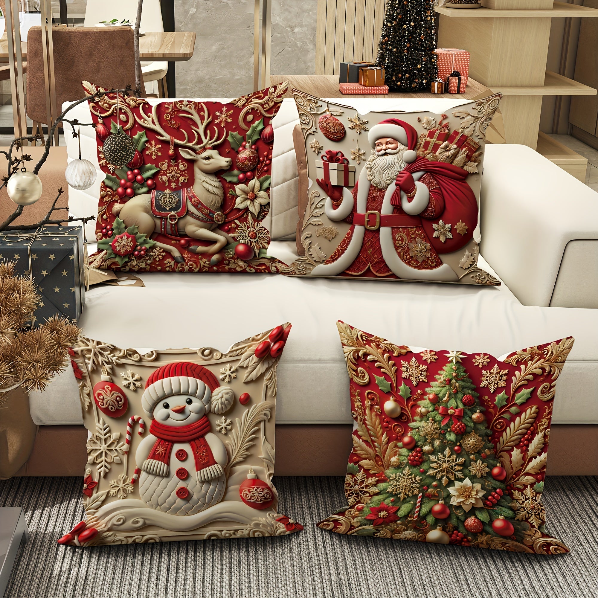 TEMU Christmas 4pcs Holiday Pillowcase With Santa Claus, Christmas Tree, Snowman, And Reindeer - Polyester Decorative Pillowcase, Suitable For Sofas