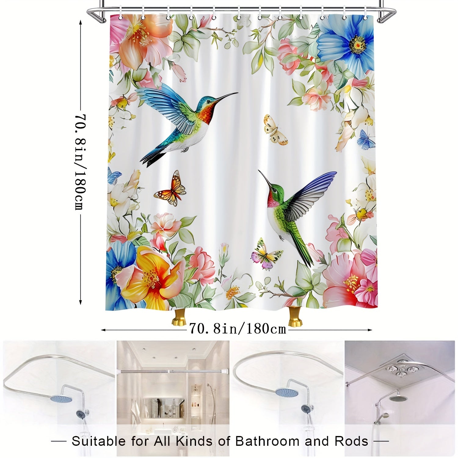 TEMU 1pc Spring Floral Hummingbird Shower Curtain, 70.8x70.8 Inch, Watercolor Pattern, Polyester Fabric, Home Bathroom Decor, Bath Partition With