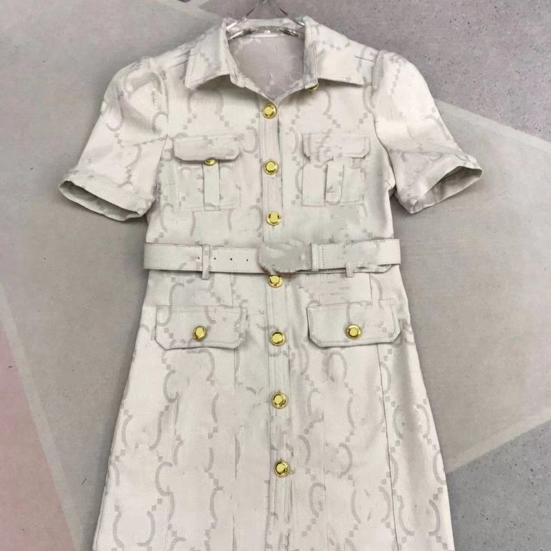 Women summer high quality denim jeans logo letter print with belt sashes designer turn down collar dress SML