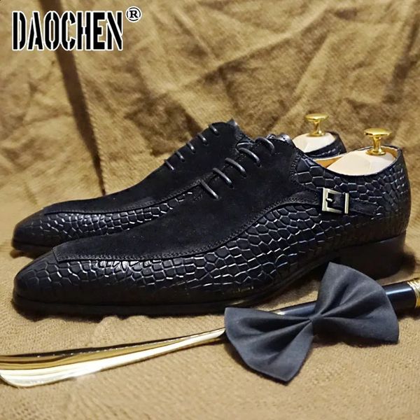 Men Oxford Shoes Lace up Split Toe Coffee Black Men Dress Shoes Suede Patchwork print Leather Shoes Men 240904