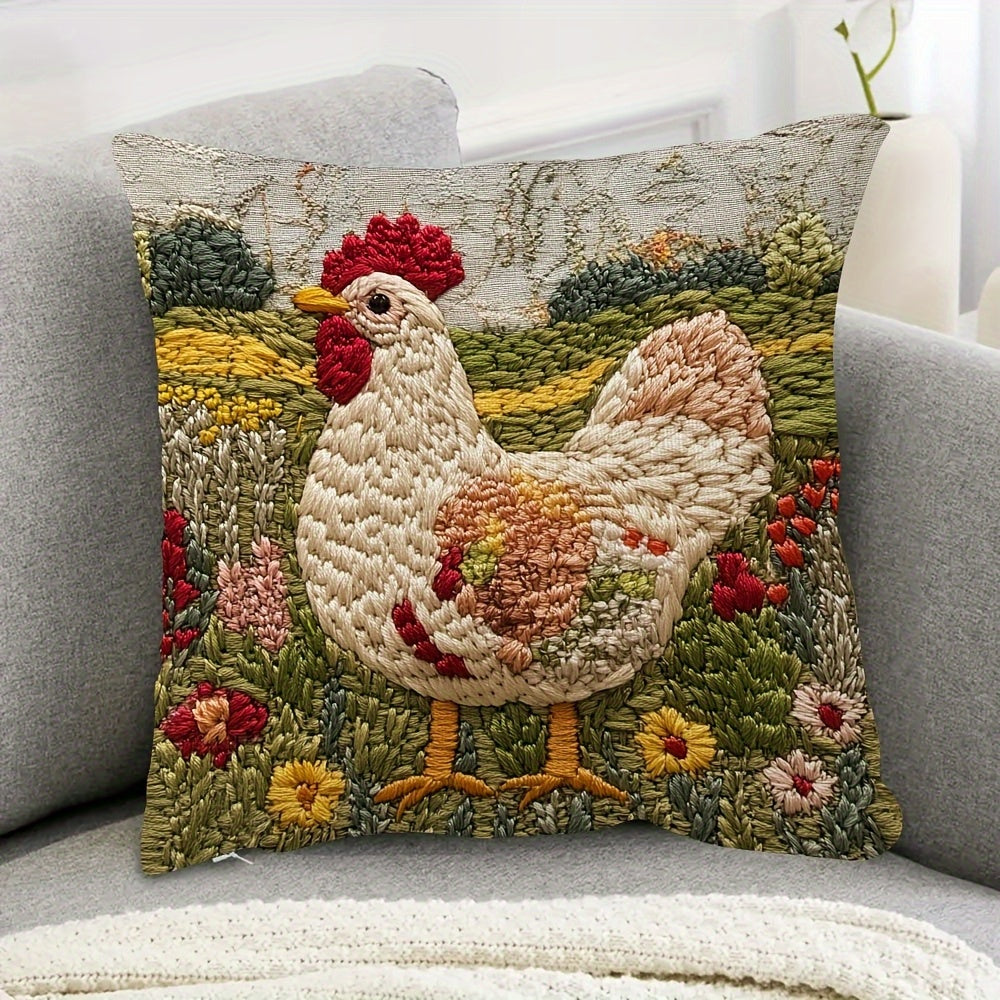 TEMU 1pc Farmhouse Chicken Pillowcase - Rooster & Floral Pattern In Red, Yellow, Green - Zipper Closure - Machine Washable Decorative Farmhouse Decor