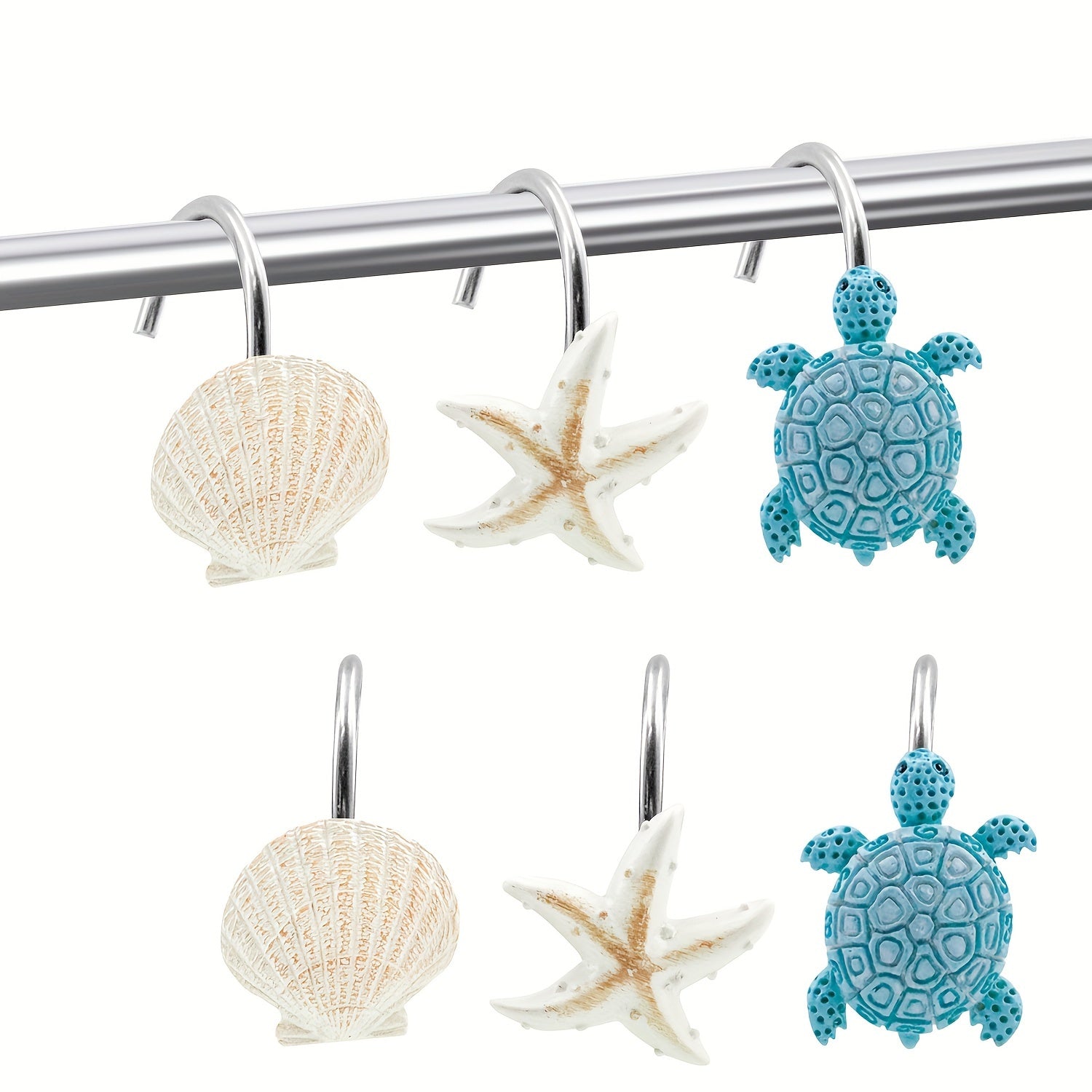 TEMU 12pcs Resin Decorative Shower Curtain Hook, Sea Turtle Starfish Shell Design, Waterproof And Rust Proof Metal Shower Curtain Hook, Durable And