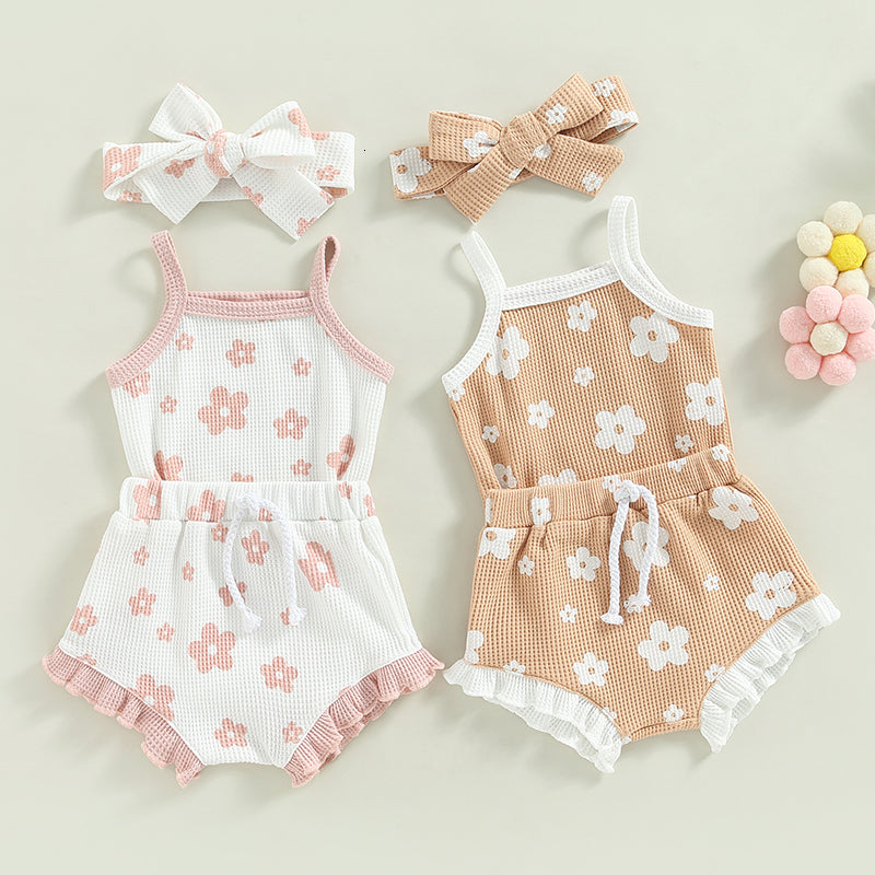 Clothing Sets Summer Toddler born Baby Girls Clothes Waffle Floral Print Sleeveless BodysuitsRuffes Drawstring ShortsHeadband 230522