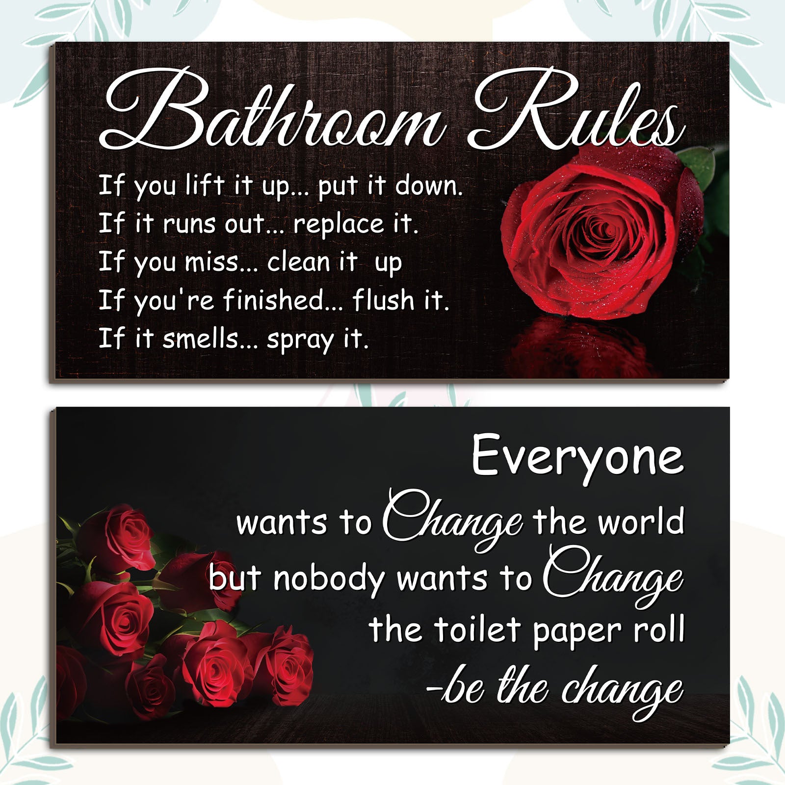 TEMU 2 Pcs Wooden Bathroom Wall Decoration Plaque With Rose Pattern, Vintage Country Bathroom Rule Decoration Plaque, Black Tones, Funny Wall Art