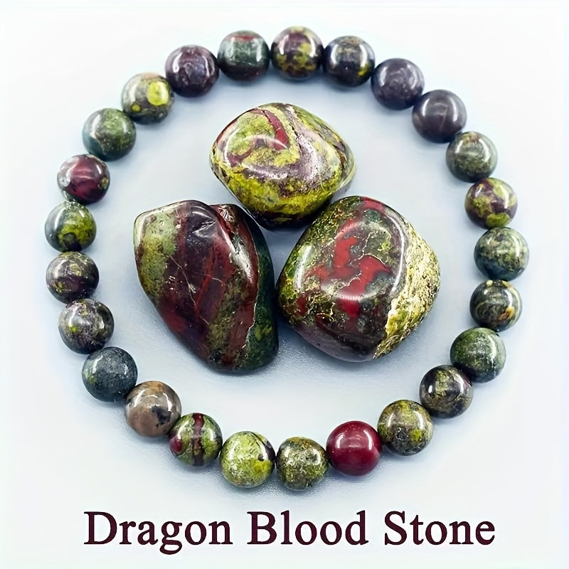 TEMU Men's Dragon Stretch Bracelet - Natural Beads With Marbled Red-green-black-golden Patterns, Elastic Fit For Casual Attire & Special Occasions,