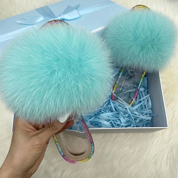 100% natural raccoon fur slider crystal flat plush slider real fox fur sandals womens transparent jelly slider 241024