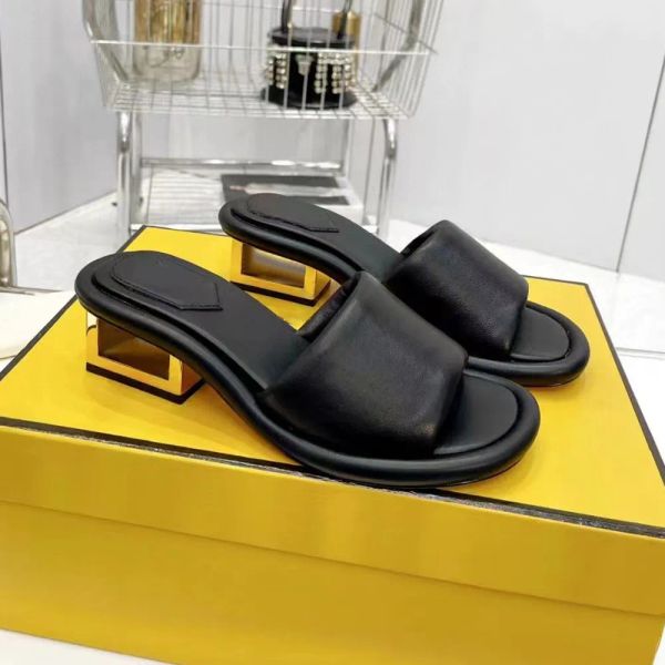women designer sandal slides dress shoes med chunky heel sandals ladies elegant sandals party office nigh club shoes summer real leather 10A