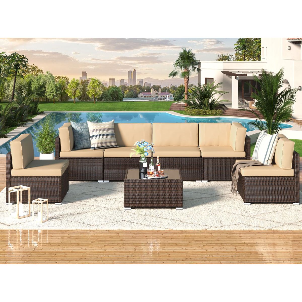 7-Piece Outdoor PE Wicker Rattan Patio Furniture Set - Brown Rattan & Khaki Cushion