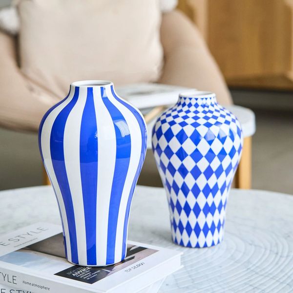 Ceramic Vase Blue Geometric Quilted Pattern Dots Flower Arrangement Accessories Ceramic Craftsmanship Home Decoration 241204