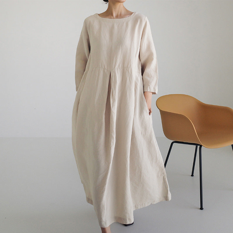 Cotton and Linen Style Round Neck Pullover Solid Color Knee-Length Dress Long Swing Skirt