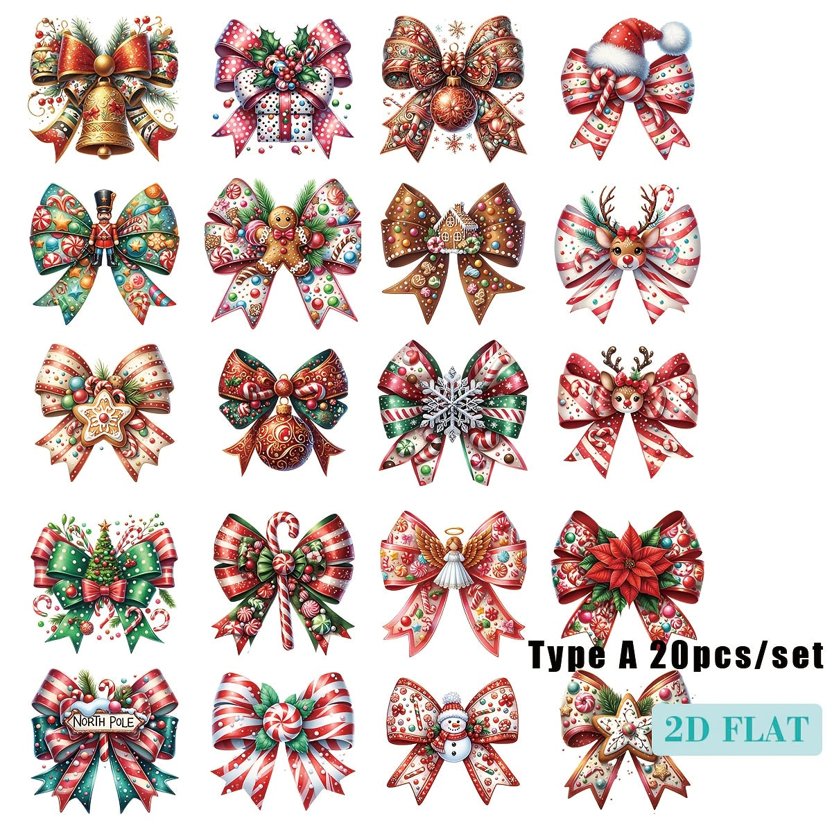 TEMU 20pcs-set Handcrafted Creative Vintage Christmas Bow Series 2d High Quality Stickers Suitable For Scrapbooks, Diaries, Notebooks, Journal