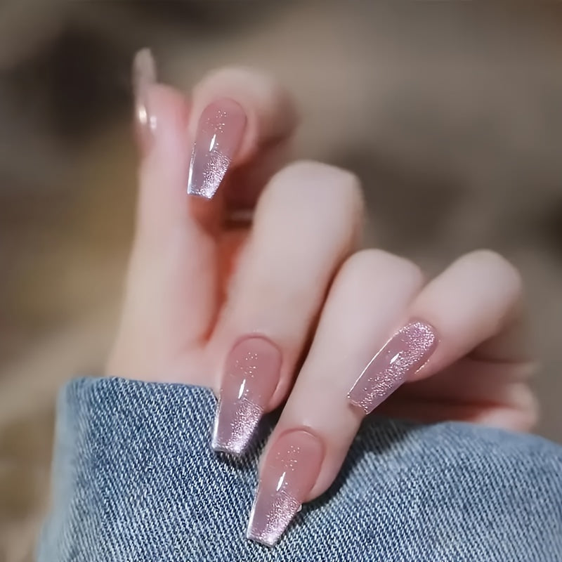 TEMU 24pcs Christmas Press-on Nails - Sparkling Pink -, Long Glossy Gradient False Nails With Nail File & Jelly Glue - Reusable Holiday Nail Art For