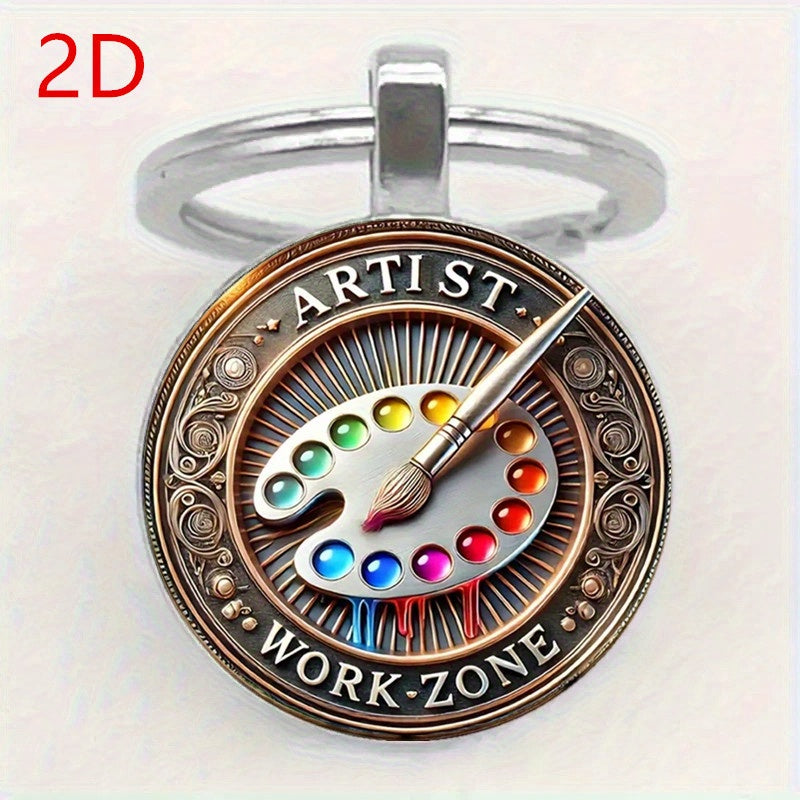 TEMU 2d Flat Vintage And Paintbrush Keychain - Alloy, Colorful Design With Pens And Palette, Ideal For Wedding, Birthday, Graduation, Holiday, Party,