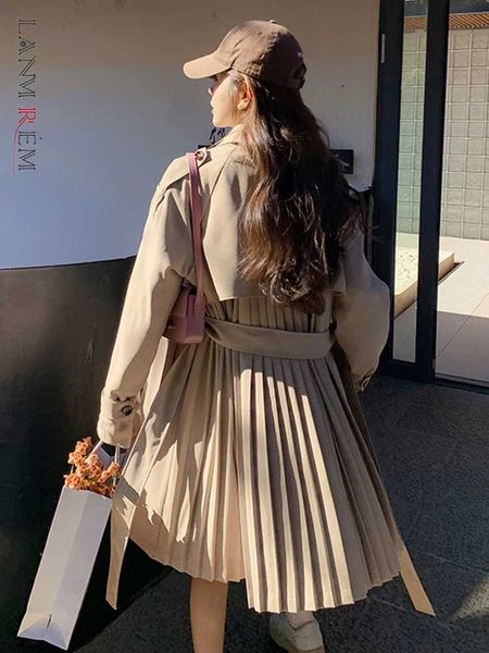 Casacos de trincheira feminina Lanmrem Designer Back Trench Belt Casat for Women Laple Long Sves Long Belt Belt Casacos Moda Clothing 2024 N