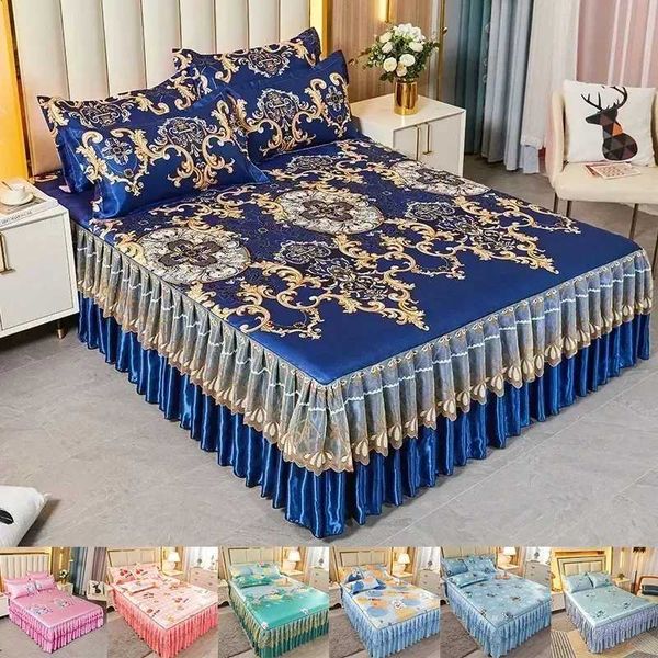 Bed Skirt Luxury Bedding Set Romantic Folding Embroidered Sheets Bedding Bed Skirt King Queen Size Bed Sheet Set with cases