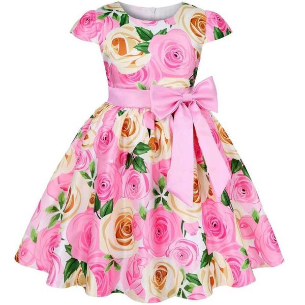 Nova chegada de verão Girls Rose Print Dress Princess Wedding Birthday Party Frocks Setin Children Dresses for Girl Christmas Clothing T2501