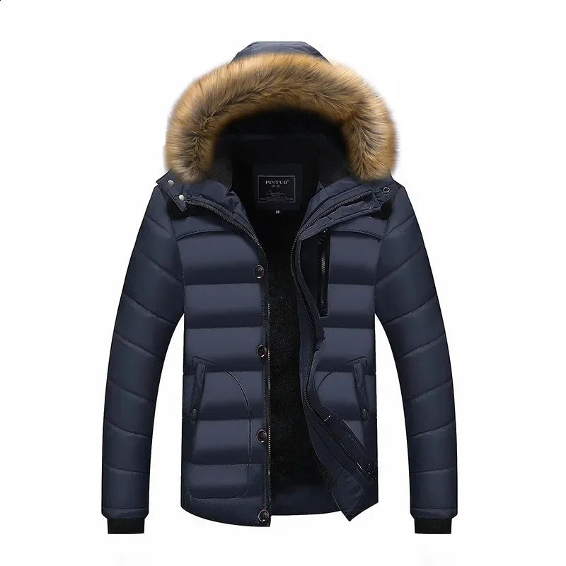 Solid Color Mens Parkas Thicken Warm Coat Fashion Mens Fur Collar Clothing Plus Size Waterproof Hooded Winter Parker Coat 240911