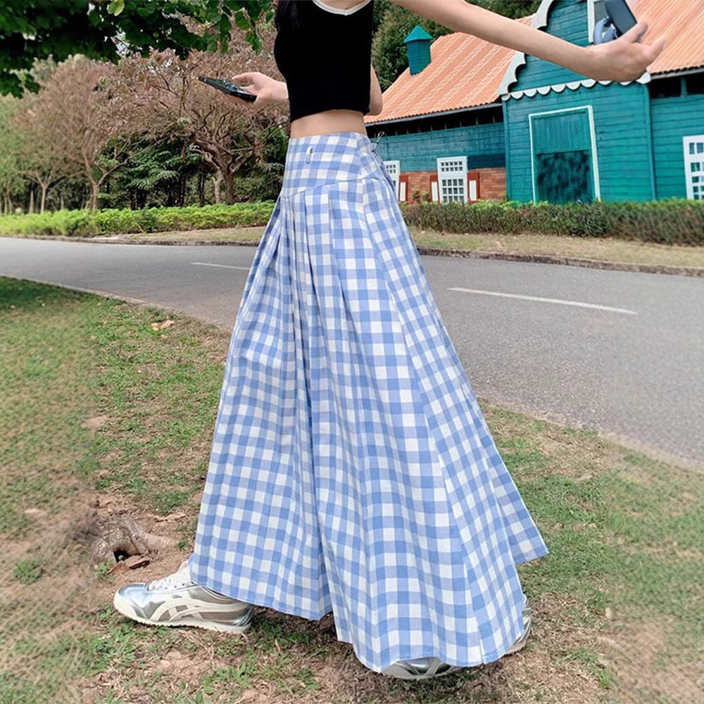 136 College Blue and White High Waist Slim Plaid Long Skirt Spring Large Size Fat MMa Skirt All-match Skirt