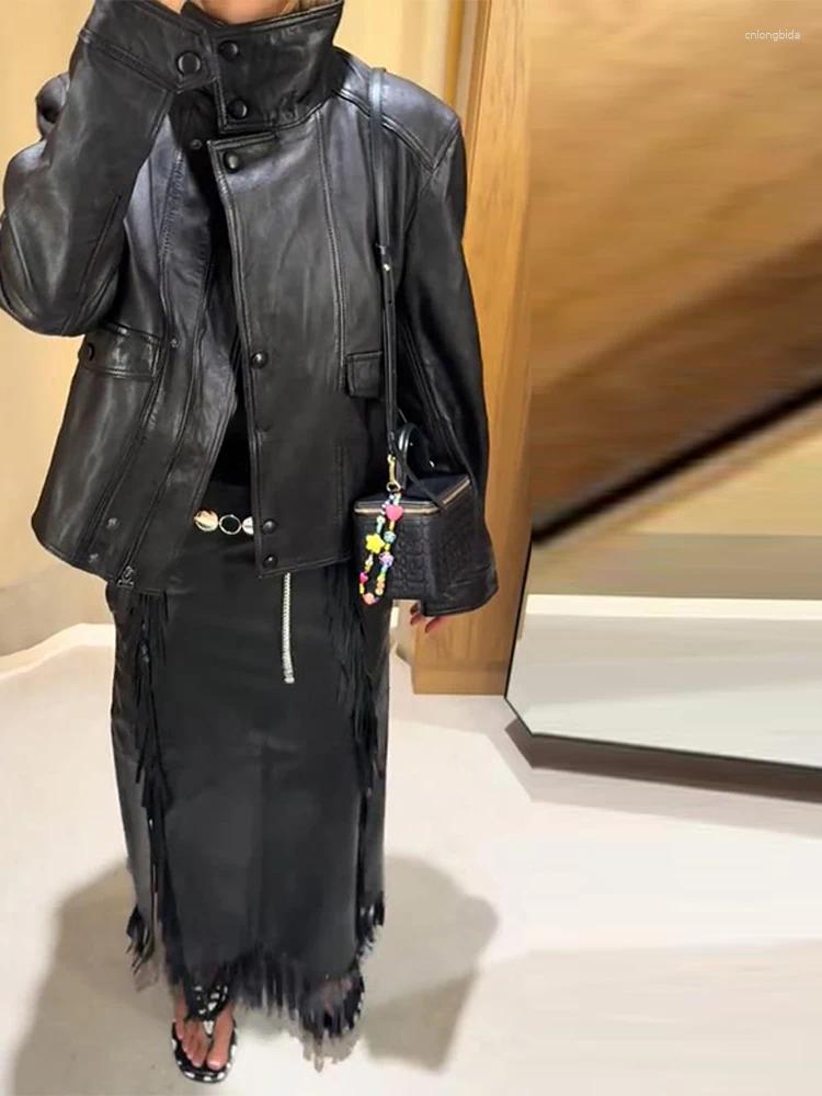 Women&#039;s Jackets Fashion Pu Leather Stand Collar Jacket Women Solid Loose Long Sleeve Button Street 2025 Black Pockets Zipper Outwear