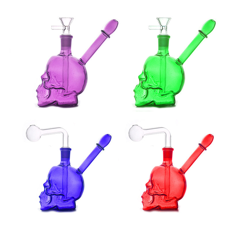 Multi Color Mini Glass Oil Burner Bong Skull Shaped Hookahs Shisha Creative Smoking Water Pipe Mini Bubbler Dab Rigs for Smoking with Downstem Oil B